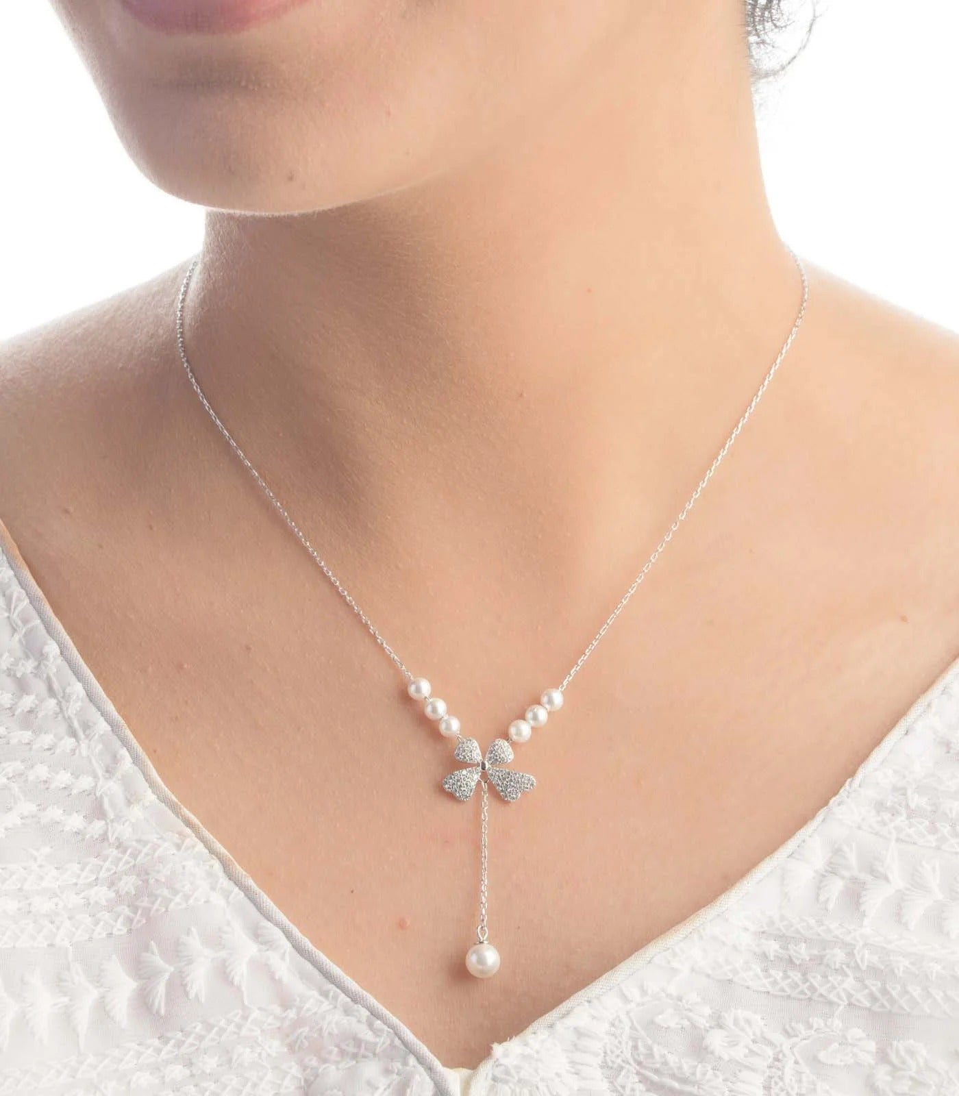 Butterfly Charm Pearl 925 Silver Necklace for Her