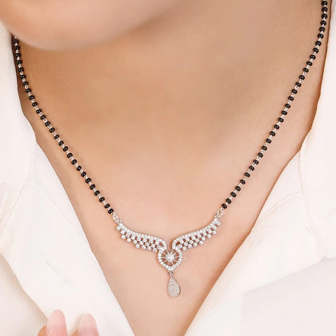 Elegant Diamond-Simulated Mangalsutra with Black Beads