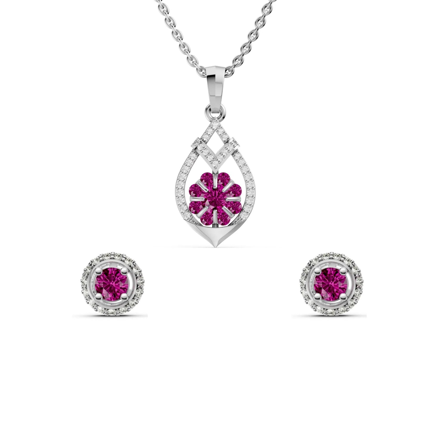 Ruby & Diamond Flower 925 Silver Pendant & Earring Set