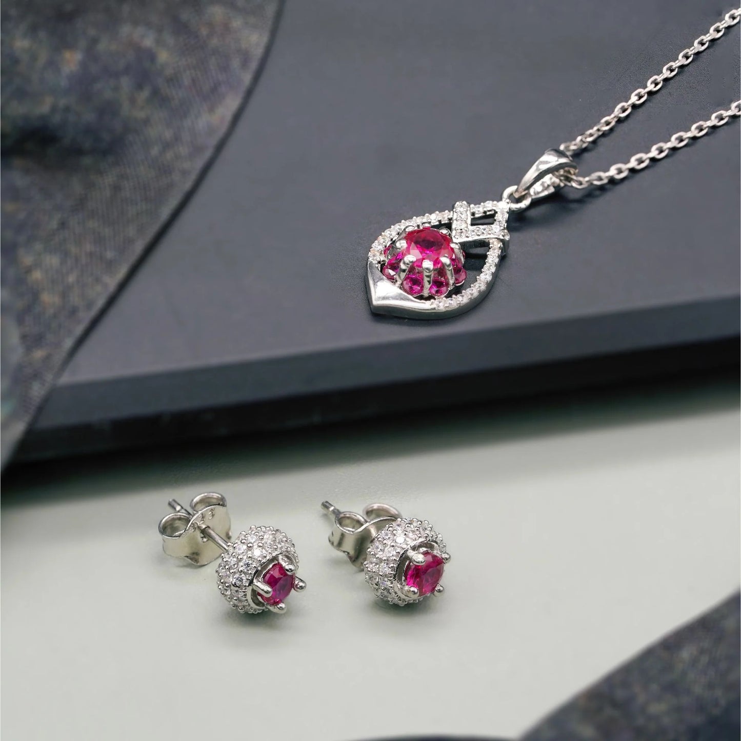 Ruby & Diamond Flower 925 Silver Pendant & Earring Set