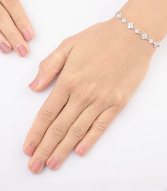 Floral Charm Pave 925 Silver Bracelet