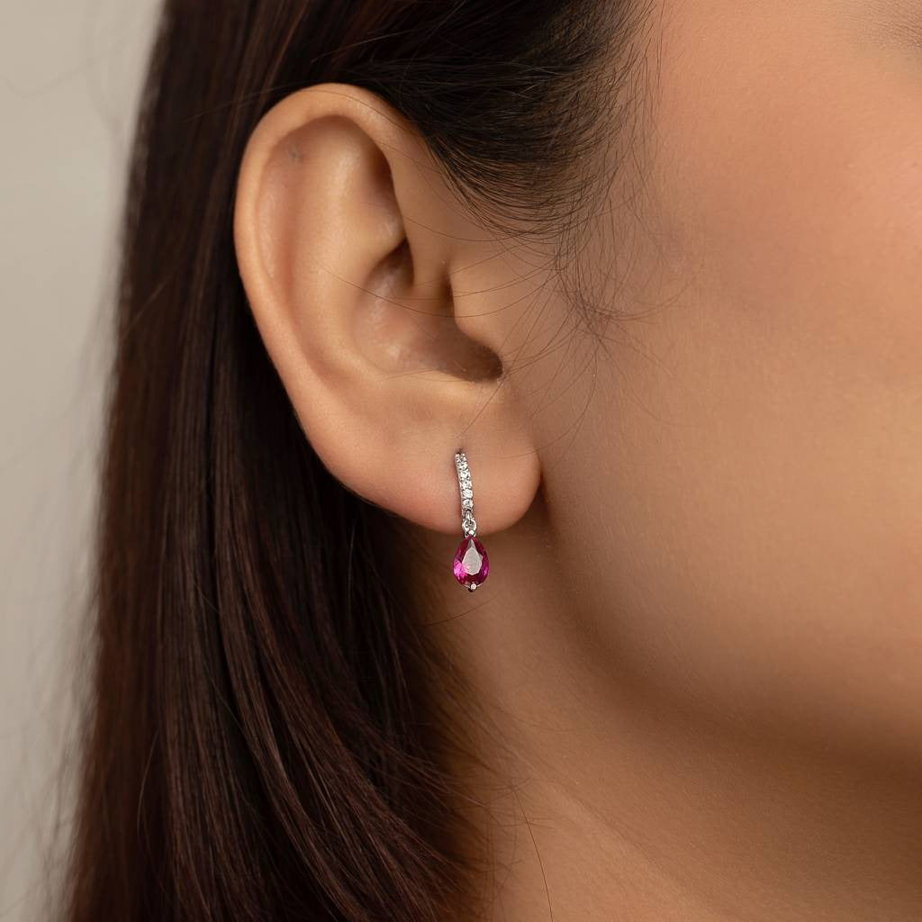 Elegant & Eye-catching Silver Tone & Red Teardrop Dangle Hoop Earrings