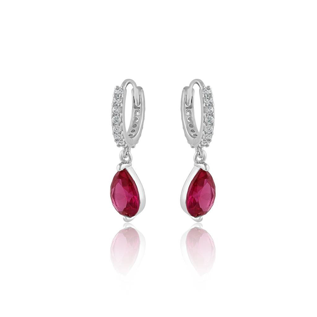 Elegant & Eye-catching Silver Tone & Red Teardrop Dangle Hoop Earrings