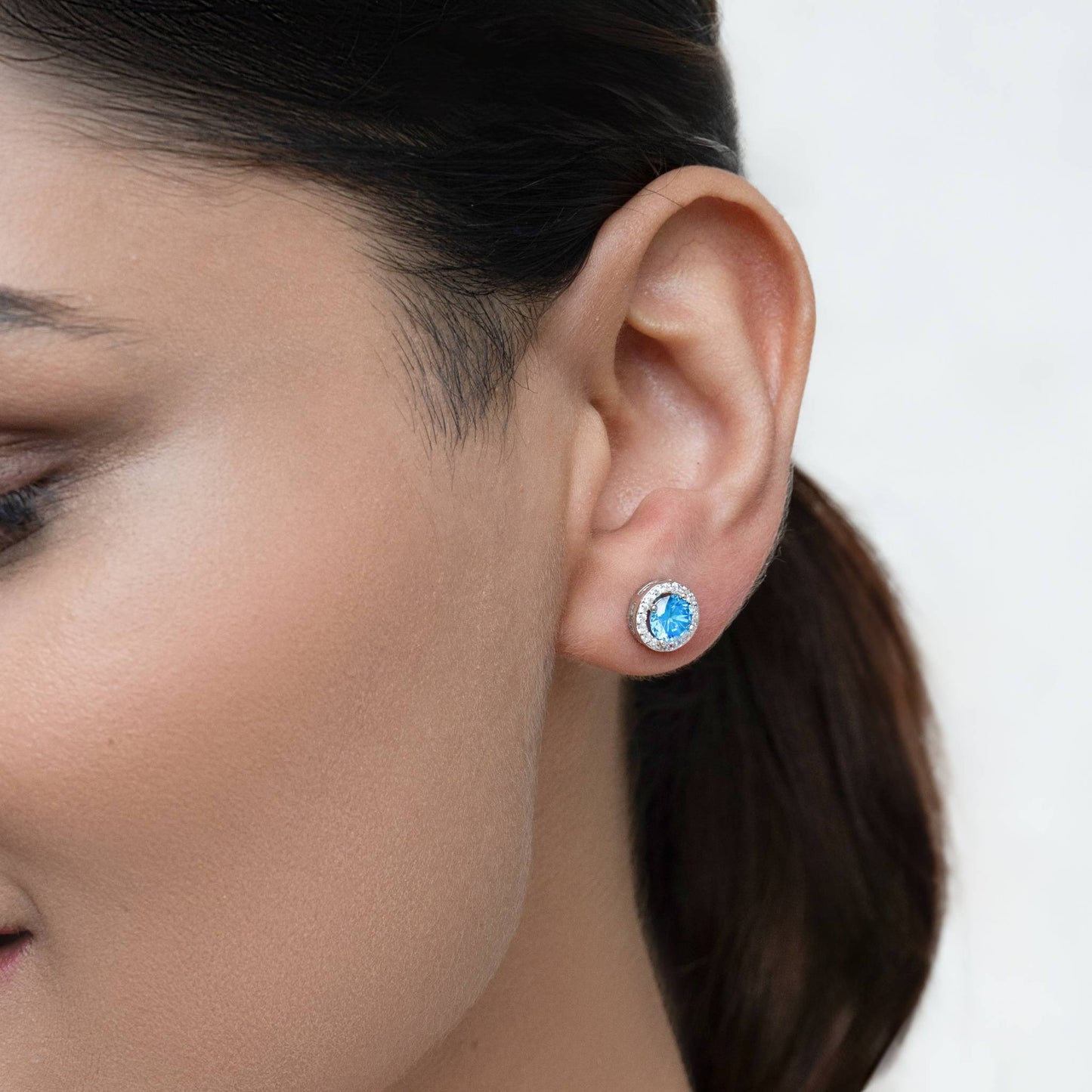 Sterling Silver FinishAqua Blue Halo Stud 925 Silver Earrings