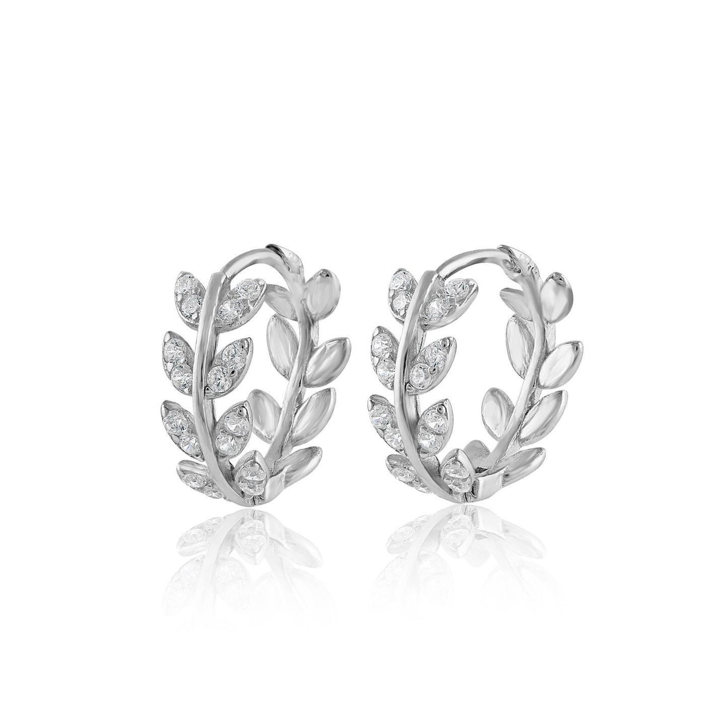 Sterling Silver Pave CZ Leaf Hoop 925 Silver Earrings