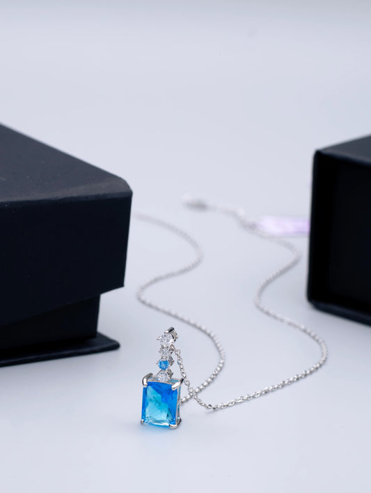 Vibrant Aqua Blue & Clear Stone Droplet Pendant 925 Silver Necklace