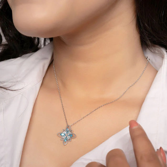 Silver Aqua Blue Flower 925 Silver Necklace