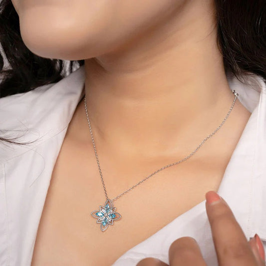 Silver Aqua Blue Flower 925 Silver Necklace