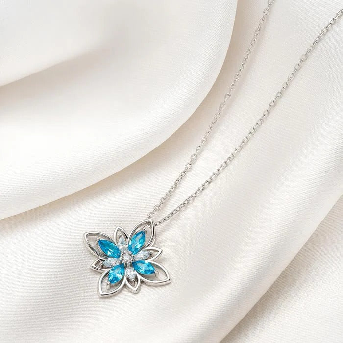 Silver Aqua Blue Flower 925 Silver Necklace