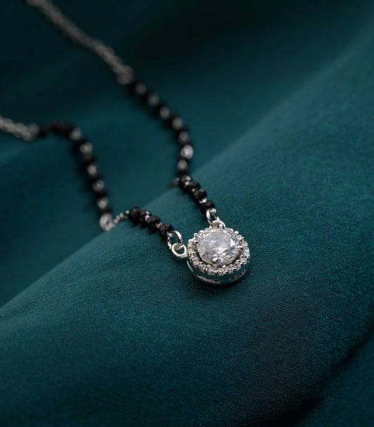 Round Solitaire 925 Silver Mangalsutra with Black Beads – Elegant Daily Wear