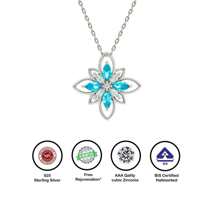 Silver Aqua Blue Flower 925 Silver Necklace
