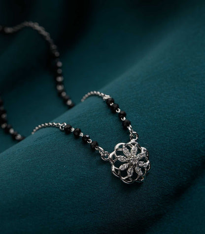 Floral Round Pendant 925 Silver Mangalsutra with Black Beads – Elegant Daily Wear