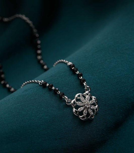 Floral Round Pendant 925 Silver Mangalsutra with Black Beads – Elegant Daily Wear