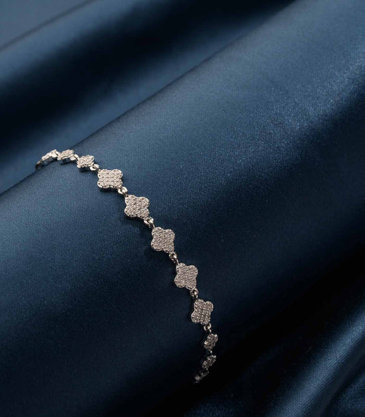 Floral Charm Pave 925 Silver Bracelet