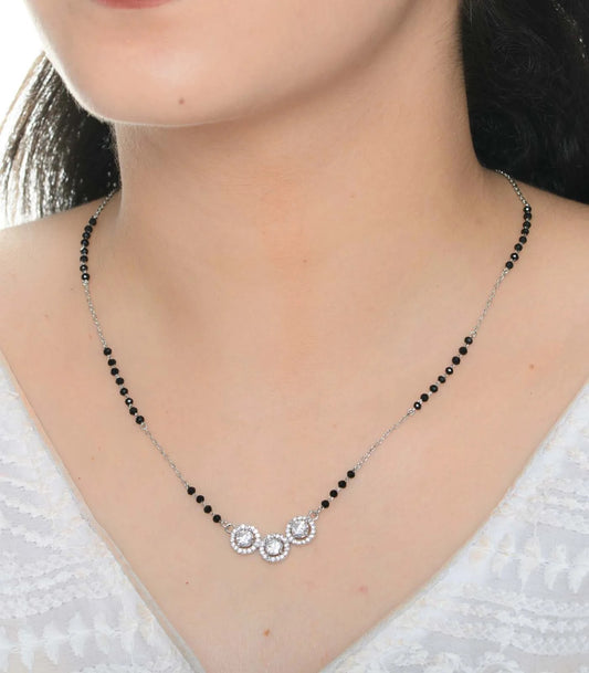 Triple Sparkle Floral Necklace with Black Beads & Crystal Detailing