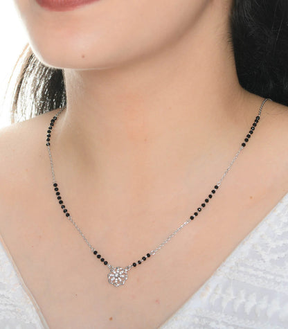 Floral Round Pendant 925 Silver Mangalsutra with Black Beads – Elegant Daily Wear