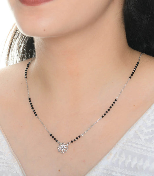 Floral Round Pendant 925 Silver Mangalsutra with Black Beads – Elegant Daily Wear