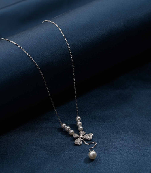 Butterfly Charm Pearl 925 Silver Necklace for Her