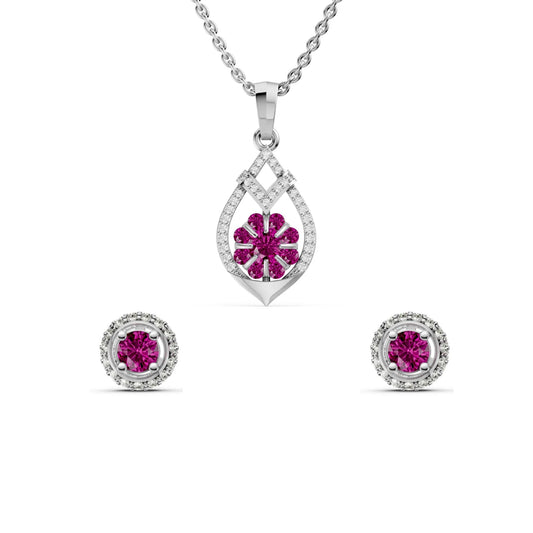 Ruby & Diamond Flower 925 Silver Pendant & Earring Set