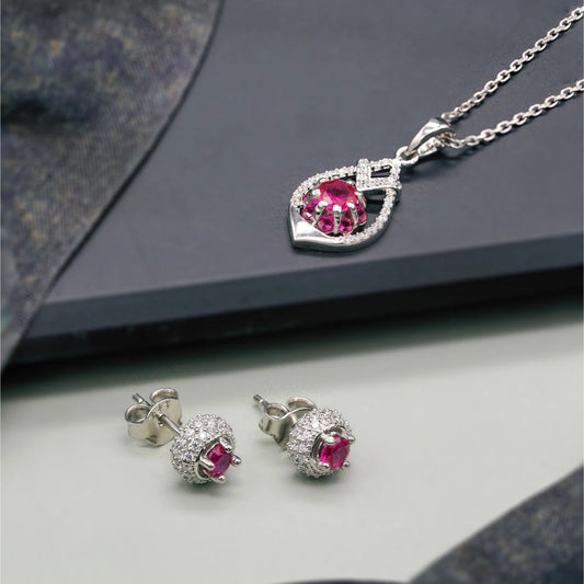 Ruby & Diamond Flower 925 Silver Pendant & Earring Set