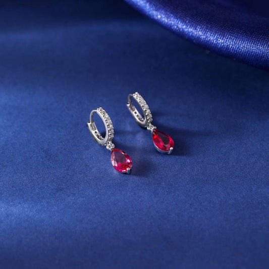 Elegant & Eye-catching Silver Tone & Red Teardrop Dangle Hoop Earrings