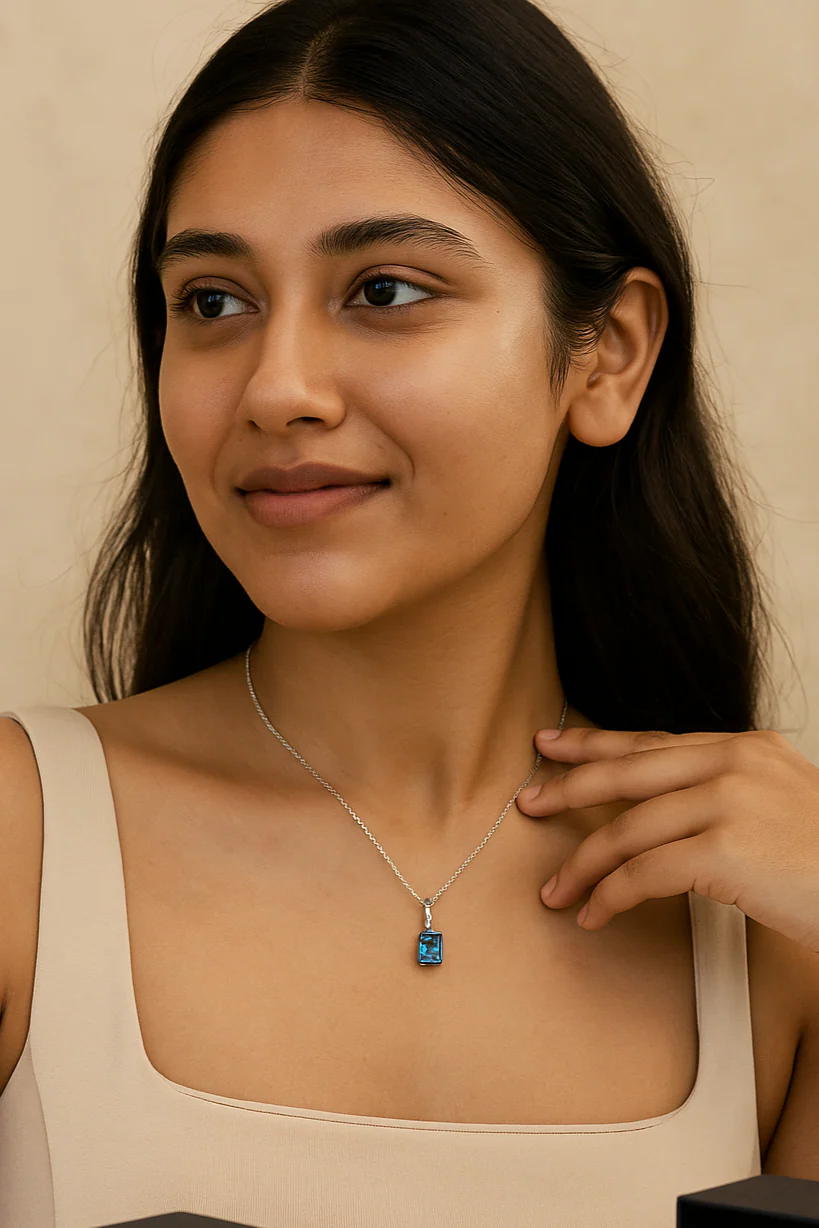 Vibrant Aqua Blue & Clear Stone Droplet Pendant 925 Silver Necklace