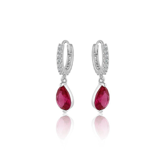 Elegant & Eye-catching Silver Tone & Red Teardrop Dangle Hoop Earrings