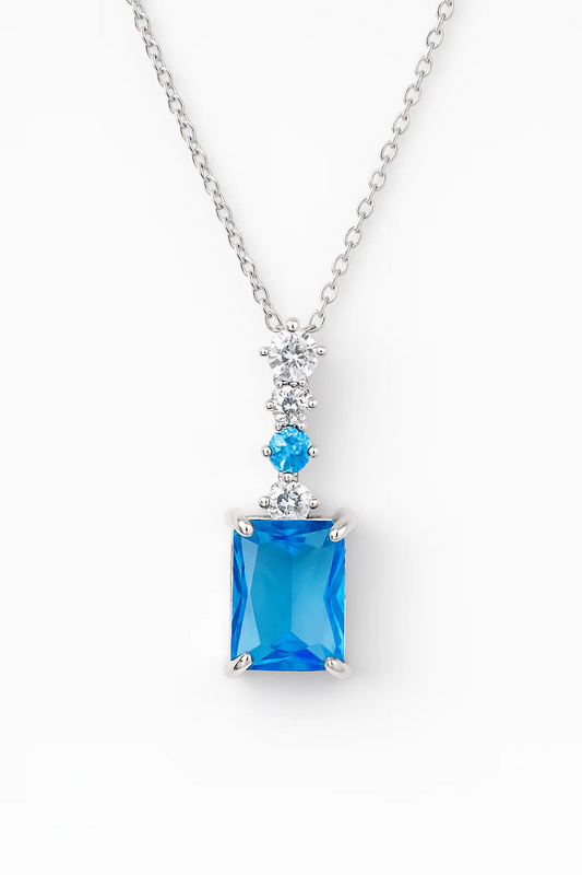 Vibrant Aqua Blue & Clear Stone Droplet Pendant 925 Silver Necklace