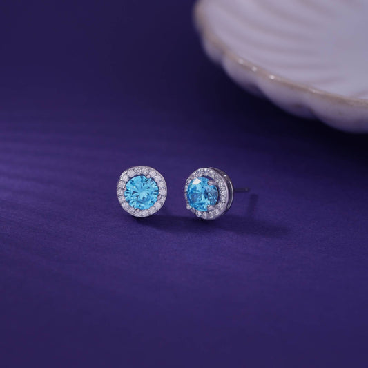 Sterling Silver FinishAqua Blue Halo Stud 925 Silver Earrings