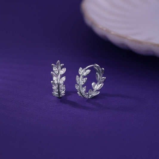 Sterling Silver Pave CZ Leaf Hoop 925 Silver Earrings