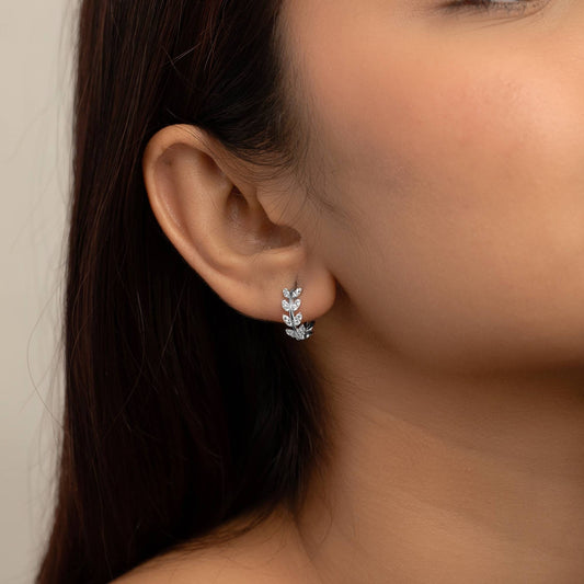 Sterling Silver Pave CZ Leaf Hoop 925 Silver Earrings