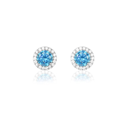 Sterling Silver FinishAqua Blue Halo Stud 925 Silver Earrings