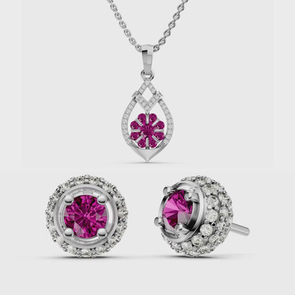 Ruby & Diamond Flower 925 Silver Pendant & Earring Set